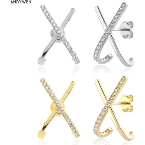 ANDYWEN 925 Sterling Silver 2021 Gold Cross Zircon Stud Earring Piercing Pendiente Clips Luxury Jewelry Great Crystal Jewels