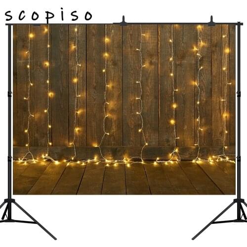 Scopiso Shiny Wood Wall Photography Backdrop A String of Festive Lights Wedding Christmas Photography Photo Background