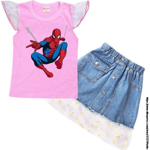 Disney SpiderMan Flying sleeve T-shirt denim skirt, summer dress, childrens skirt, daisy mesh skirt, summer girls denim skirt