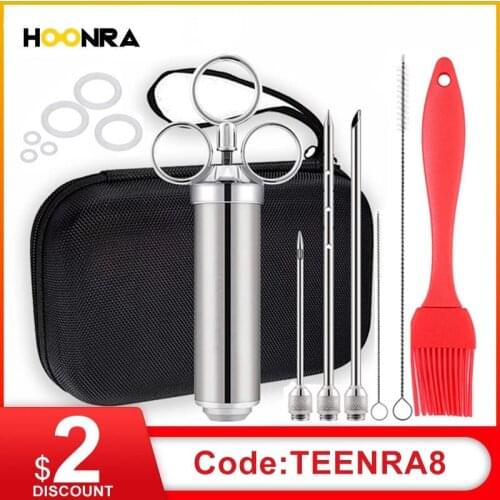 HOONRA 2-oz BBQ Seasoning Syringe Marinade Injector Stainless Steel Turkey Needle Syringe Set Meat Flavor Injector Kitchen Tools
