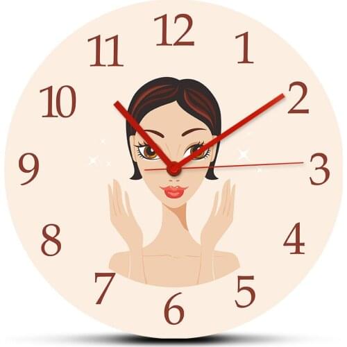 Beautiful Young Woman with Flawless Skin Acrylic Rounded Wall Clock Watch for Beauty Salon Spa Skincare Decor Hanging Clocks