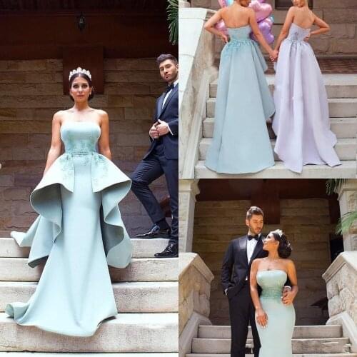 Lace Applique Detachable Train Strapless Zipper Back Maid of Honor party prom gown 2018 Modest Long Mermaid Bridesmaid Dresses