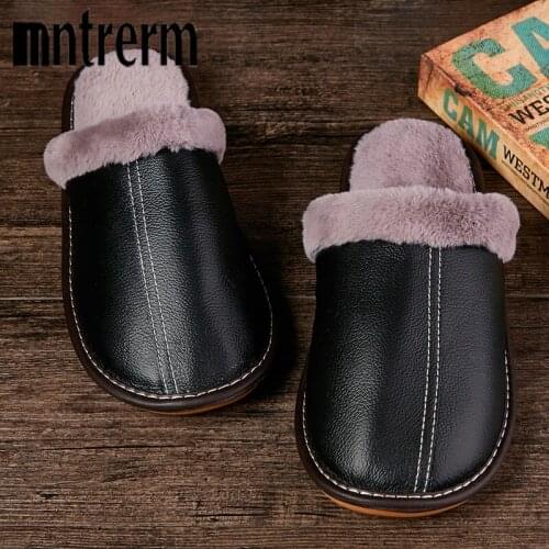 Mntrerm Men Winter Slippers with Fur Women Big Sizes Leather Slipper Waterproof Warm Home Male Couple Platform Indoor Shoes man