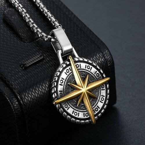 Men Stainless Steel Gold Compass Necklace Men Star Round Color Jewelry Fashion Necklace