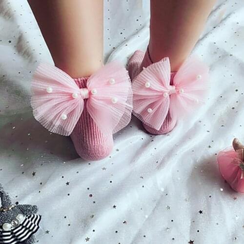 New Baby Girls Socks With Bows Toddlers Infants Cotton Ankle Socks Beading Baby Girls Princess Sock Cute Children summer wear