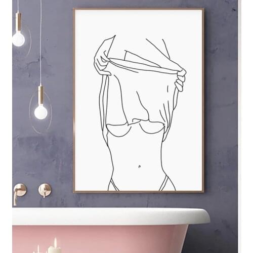 One Line Sexy Woman Drawing Fashion Canvas Painting Poster print wall Art Get Naked Sign Picture Bathroom bedroom home Decor