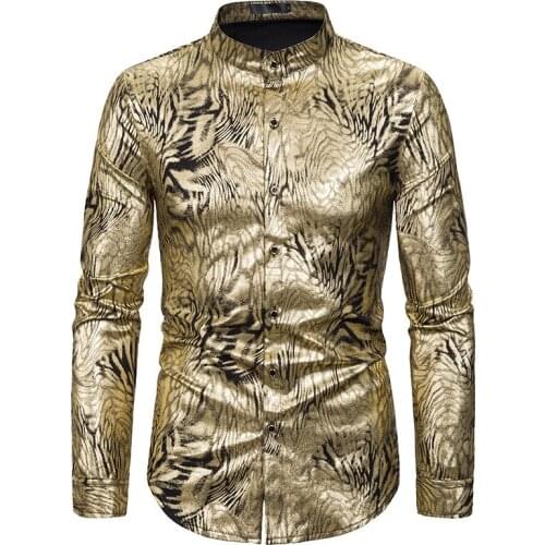 Shiny Snake Pattern Shirt Men Slim Fit Long Sleeve Mens Dress Shirts Nightclub Party Prom Gold Bronzing Shirt Chemise Homme XXL