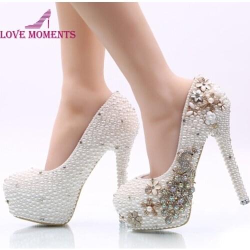 2017 White Pearl Phoenix Wedding Shoes High Heel Rhinestone Stiletto Heel Bridal Dress Shoes Adult Ceremony Prom Pumps