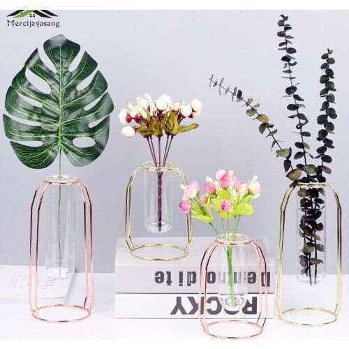 Flowers Vases Table Centerpiece Wrought Iron Vase Glass Test Tube Hydroponic Geometric Flower Stand for Home Decoration G036