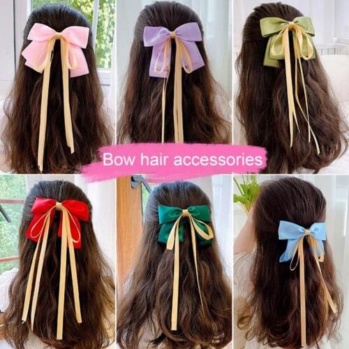 Girls Hair Clip Fashion Sweet Simple Elastic Bow Long Ribbon Girl Hairpin Hair Clip for School Headwear