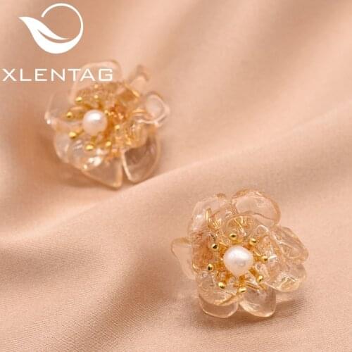 XlentAg Natural Citrine Pearl Stud Earrings For Women Birthday Day Gift 925 Sterling Silver Flower Earrings Fine Jewelry GE0780A