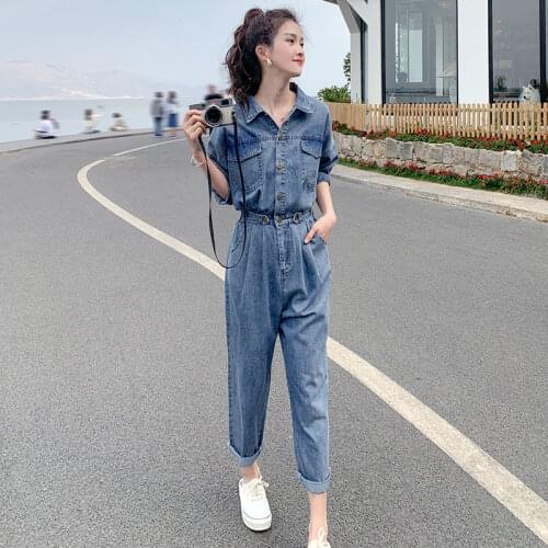 Women New 2021 Spring Autumn Denim Jumpsuit Romper Female Long Sleeve High Waist Jeans Jumpsuit Ladies Streetwear Overalls Y156