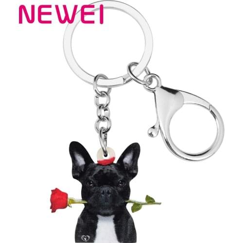 NEWEI Acrylic Valentines Day Bulldog Dog Rose Key Chains Rings Bag Car Purse Decoration Keychain For Women Girl Teen Charm Gift
