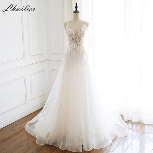 Lhuilier A-line V-neck Crystal Beaded Tulle Wedding Dresses 2020 Floor Length Sleeveless Illusion Backless Bridal Dress