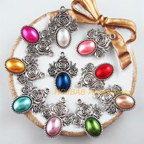 10 New Rose Flower Charms Tibetan Silver Tone Retro Mixed Acrylic Pendants 23x32mm