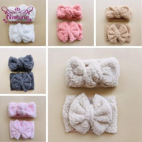 2pcs/set Toddler Solid Color Teddy Velvet Headband Set Cute Knotted Elastic Wide Hairband Bows Headwear Birthday Gift Photo Prop