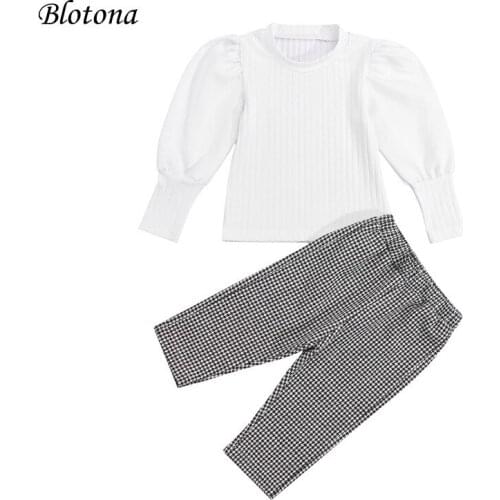 Blotona Kids Spring Fall Casual 2Pcs Outfits, Girls Solid Color Puff Sleeve Round Neck Pullover Tops+Plaid Print Pants, 1-6Years