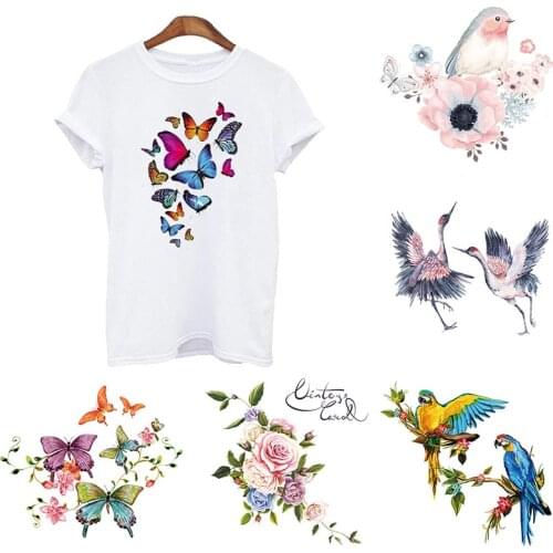Butterfly Parches Diy Iron On Appliques For Girl T-Shirt Clothes Bag Flower Birds Patches Heat Transfer Craft Sticker Washable