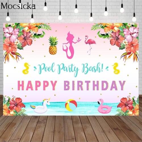 Pool Party Bash Photo Background Flower Birthday Backdrop Party Decoration Sea Mermaid Flamingo Hawaiian Party Pineapple