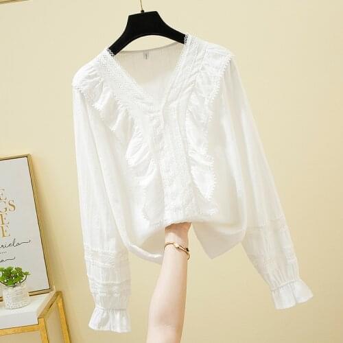 White Lace Long Sleeved Plus Size Korean Autumn Elegant Fashion Blouses And Tops WomenS Oversize Shirt Clothing 2021 Female