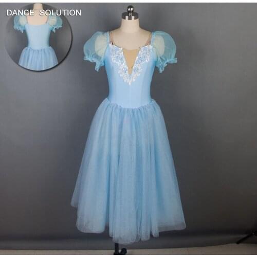 Pale Blue Spandex Bodice with White Applique and Puff Sleeves Ballet Costume for Women & Girl Ballerina Stage Dance Tutu 19024