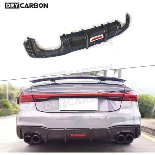 For Audi A7 S7 RS7 2019-2021 Rear Diffuser With Lamp Carbon Fiber / FRP Fins Shark Style Four Outlet Bumper Guard Plate