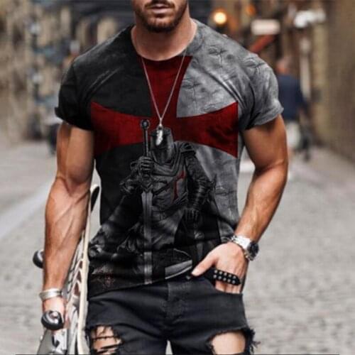 Mens Retro Casual Short Sleeve Casual T-shirt 2021 Summer Round Neck Knight Print Pullover Oversized Loose Tops