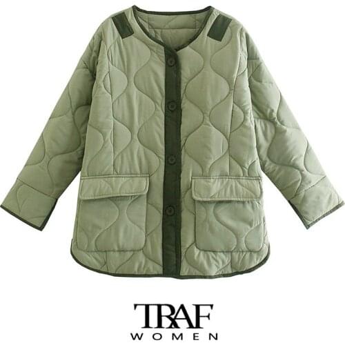 TRAF Za Women Fashion With Pockets Oversized Padded Jacket Coat Vintage Long Sleeve Button-up Female Outerwear Chic Tops