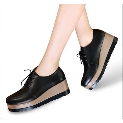 Spring Summer Womens leather wedge shoes Breathable Air Mesh Platform Women Shoes Slip On Loafers lace up Wedges Ladies Shoes
