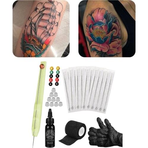 Safe Hand Poke and Stick Tattoo Kit w/ 15Pcs Needles Bandage Grommets DIY