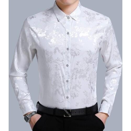 New 2018 spring & summer mens floral silk shirts male casual fashion striped long sleeve soft silk dress shirt
