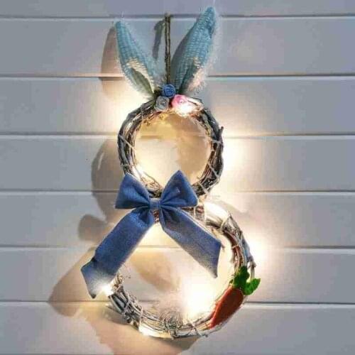 Easter Bunny Garland With Lights Window Wall Hanging Easter Ornament LED Light Rattan Circle Pendant Natural Plant Bunny Garland