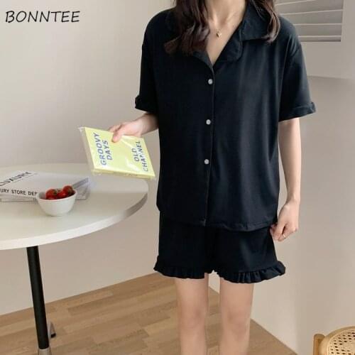 Pajama Sets Women Loose Casual Nightwear Teen Girls Simple Sweet Short Sleeve 2pcs Homewear Korean Style Trendy Ruffles Chic Ins