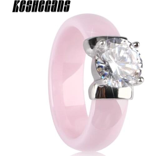 Romantic Cute Pink Ceramic Rings With One Big Shining Crystal Ring For Women Girls Fashion Jewelry Wedding Engagement Party Ring