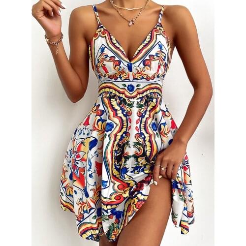 Sheinset Y2K Sexy Floral Spaghetti Strap Sweetheart Neck Abstract Print Mini Casual Beach Party Vestidos Dress