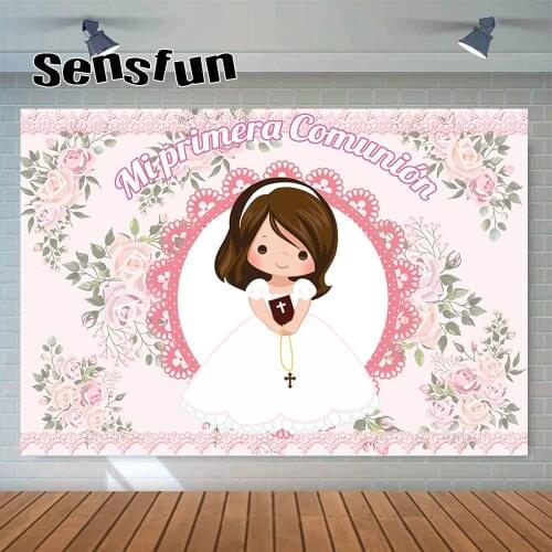 Sensfun Mi Primera Comunión Photography Backgrounds Pink Flowers Girls Baptism Backdrop For Photo Studio Customized Photocall