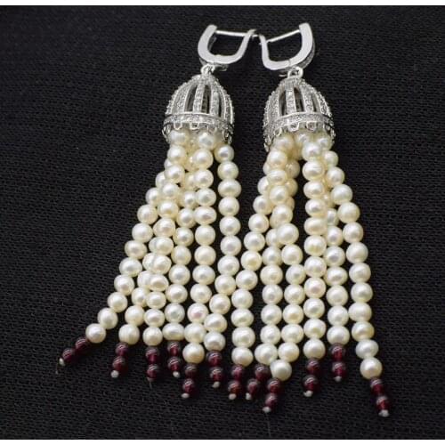 One pair freshwater pearl white near round red garnet drop hook earrings 70mm wholesale beads nature FPPJ