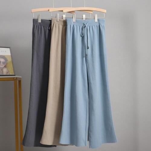 GIGOGOU Women Long Knit Straight Pants Thick Drawstring Drape Wide Leg Pant Elastic High Waist Moping Winter Sweater Trousers