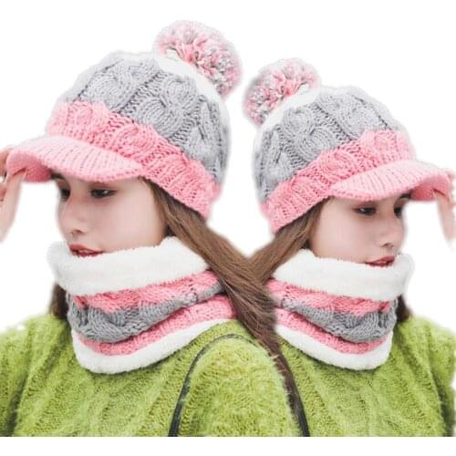 SUOGRY Hot Ski Girl 2018 New Brand Big Fur Pom Poms Ball Scarf Knitted Winter Hat Women Beanie Hat Thick Skullies Female Cap