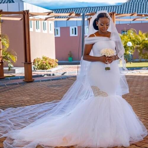 Spaghetti Strap Mermaid Wedding Dresses with Cape Pearls Tulle Bottom Bridal Gown Plus Size Africa Vestido De Novia