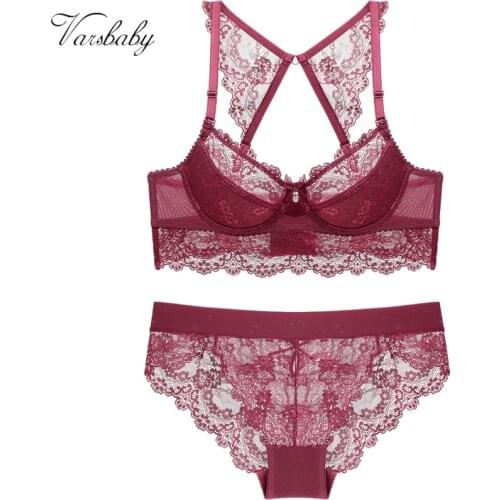 Varsbaby Sexy Lace Gather Underwear Set Bra+Panty+Y-Line Straps 3Pcs ABCD Cup For Women