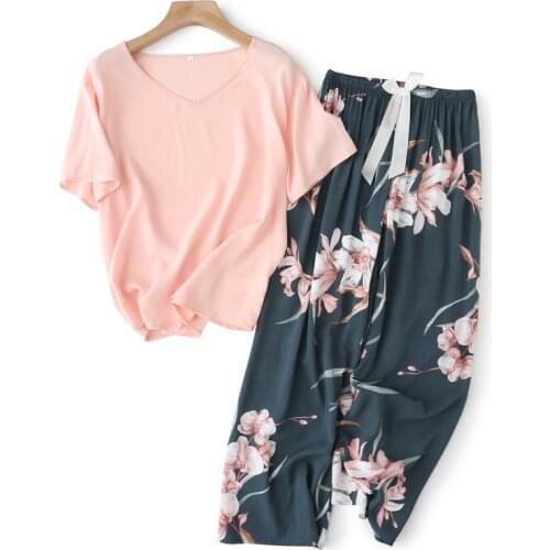 2PCS Breathable Pajama Short Sleeve Printed Pijama Mujer Femme Loose Nightwear Suit Female Casual Homewear Pajama Set For Women