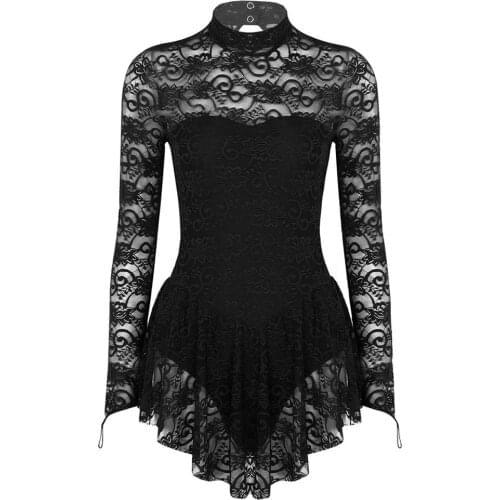 Women Dancewear Long Sleeves Soft Lace Tutu Ballet Figure Skating Dress Gymnastics Leotard Performance Lyrical Dance Costumes