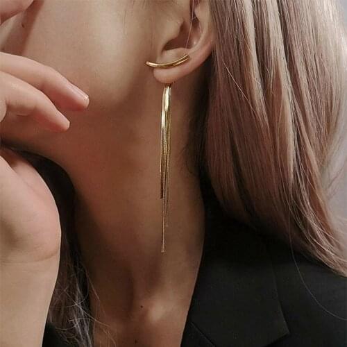 Vintage Gold Color Bar Long Thread Tassel Drop Earrings for Women Glossy Arc Geometric Korean Fashion Jewelry Hanging Pendientes