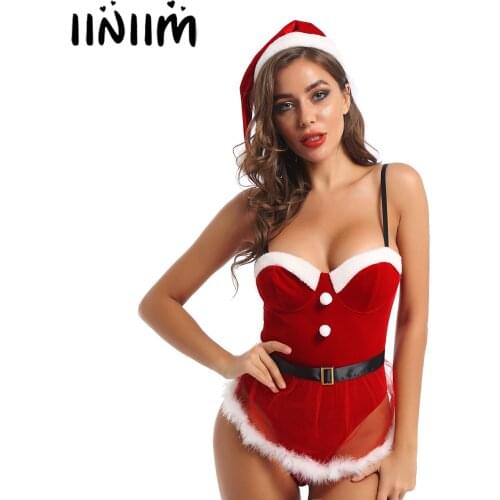 Womens Female Christmas Fancy Party Lingerie Spaghetti Straps Red Velvet Mrs Santa Claus Role Play Exotic Costumes Bodysuit