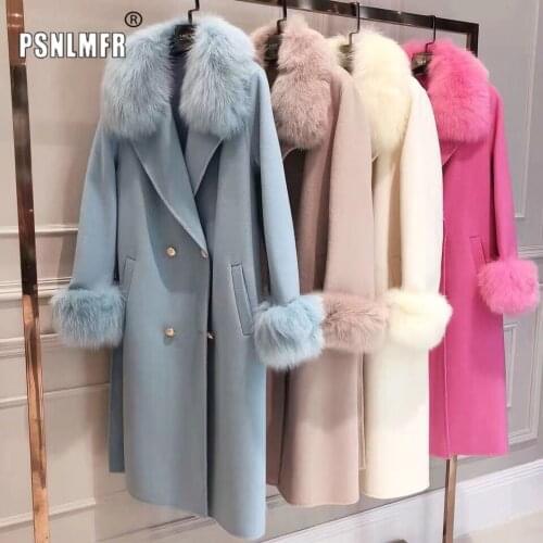 Genuine fox fur trim collar winter coats office lady wear High quality trendy elegant cashmere wool x-long coat for women