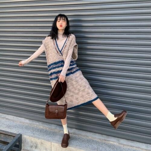 Women Spring Sleeveless Long Sweater Dress V Neck Patchwork Loose Pullover Knitted Tank Dress Waistcoat Dress