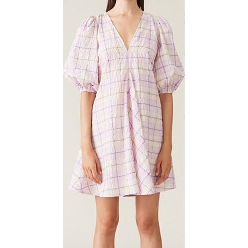 Plaid Mini Dress Womens V-neck Puff Sleeve Loose High Waist Backless 2021 Summer New Ladies Robe
