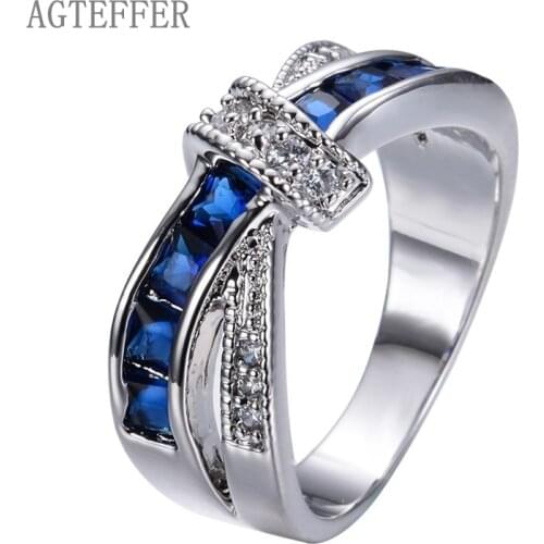 AGTEFFER 925 Sterling Silver AAA Zircon Blue/Red/Purple Six Colors Crystal Ring For Women Fashion Wedding Party Charm Jewelry