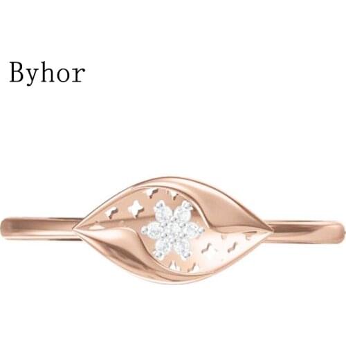 Byhor Solid 14K White+Rose Gold 0.028ct H/SI Natural Diamond ring Women Fine Jewelry Trendy Wedding Band кольцo leaf Flower Ring